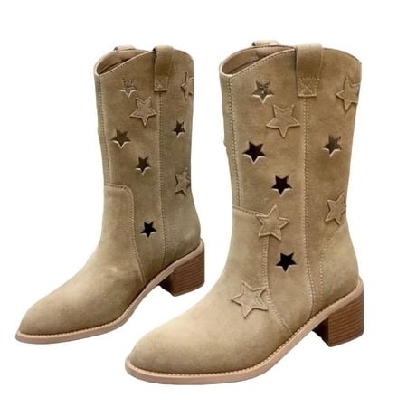 DVKOVI Rave Shoes Women Cowboy Boots for Women Mid Calf Women s Fashionable Retro Mid Calf Pointed Toe Boots Boot for Ladies Fall Winter Low Heel Cowboy Boots for Women White 42