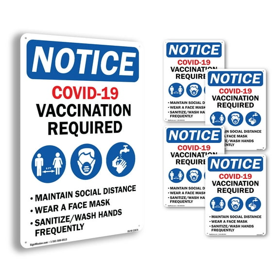 Covid-19 Vaccination Required Public Safety Aluminum Sign 18 Inch x 12 Inch - 5 Pack