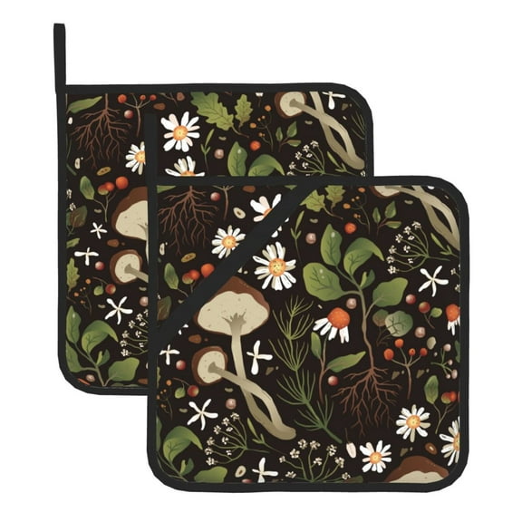 Kitchen Pot Holders Heat Resistant Oven Hot Pads With Hand Pockets And Hanging Loops For Baking Cooking 2 Pack 8'' X 8'' Hand Drawn Trendy Forest