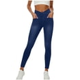 thumbnail image 2 of Women Blue Faux Denim Jeans Casual Skinny Leggings Stretchy Elastic High Waist Work Jeggings Trendy Tight Pants with Pockets, 2 of 5