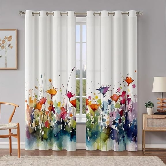 Watercolor Floral Sheer Curtains, Pink Flowers Eucalyptus Window Curtain For Bedroom Living Room, Light Blocking Grommet Drapes For Dining Room Darkening Curtains 42"W x 84"L (Pack of 2)