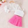 thumbnail image 3 of Owordtank Little Baby Girls Summer 3 Piece Outfits Long Sleeve Hollow Cover Up Tops + Sleeveless Camisole + Pleated Skirt Set, 3 of 3