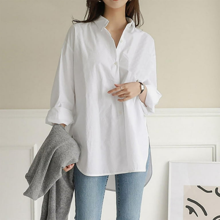 Comfy Hide Belly Long Shirt Long Sleeve Shirts Button Down Collared Solid  Dressy Plus Size Tops for Women Tunic Tops to Wear with Leggings Flowy  White