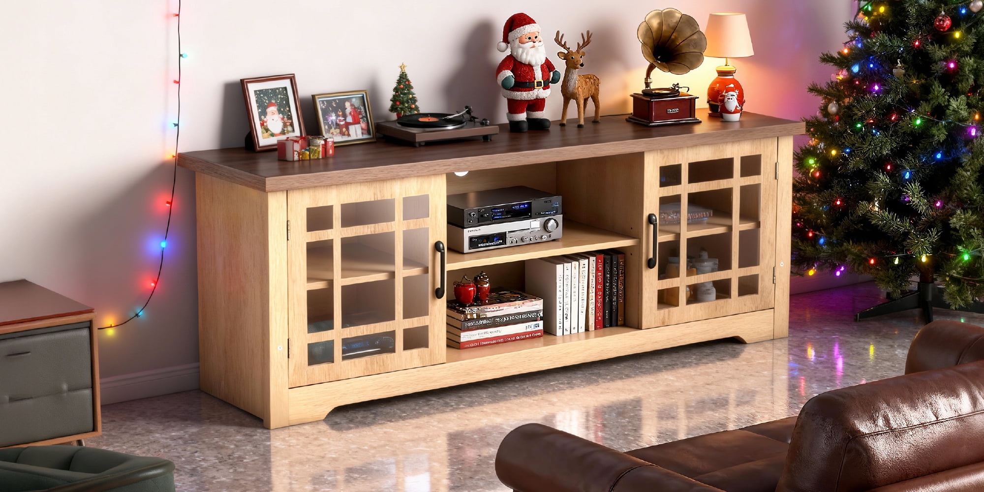57.87" TV Stand with Deep Brown Top & Natural Wood Cabinet, Double Glass Door Media Console, Laminate Particle Board Entertainment Center for TVs Up to 65 Inches