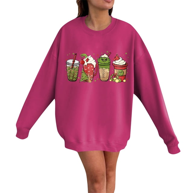 Chandail Grinch pour Femmes Grande Taille Mode Décontractée Imprimé de Noël Manches Longues Col Rond Chandail Ample Chandails en Molleton Grinch Imprimé, m