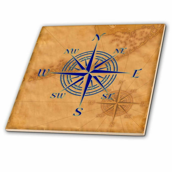 3dRose, Turquoise compass on a vintage sailing map of the Florida Keys., 12 Inch Ceramic Tile