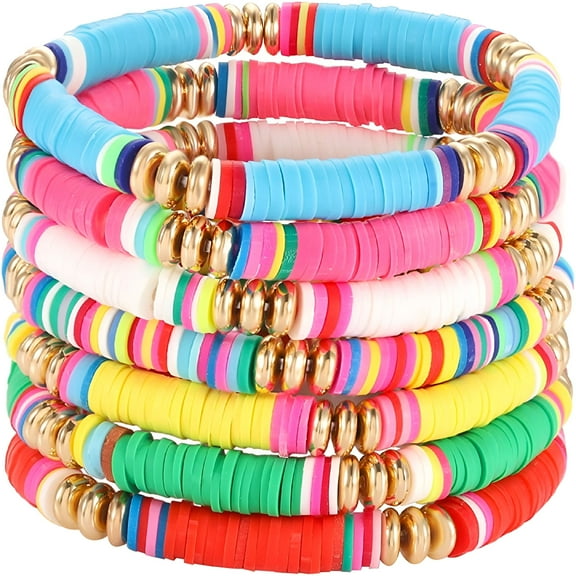 DESIGNICE Heishi Bracelets for Women Stackable Rainbow Vinyl Disc Clay Beaded Stretch Bracelets Elastic Layering Friendship Bracelets Boho Summer Beach Jewelry