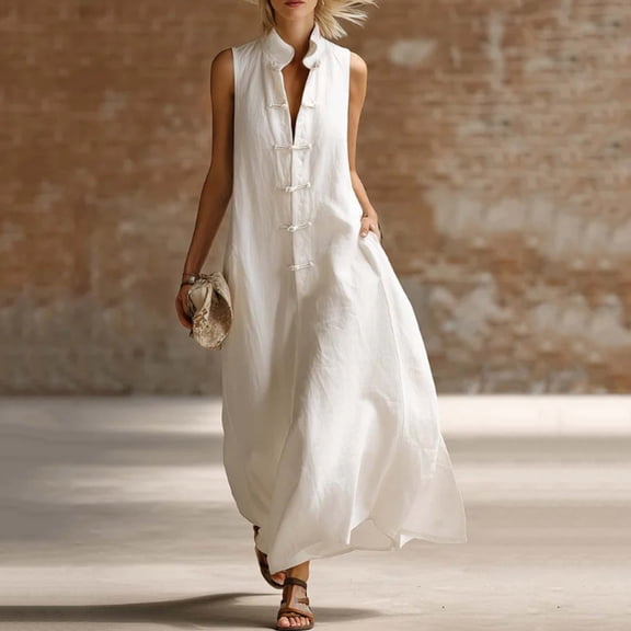 ClodeEU Women's Sleeveless Linen Blend Maxi Dress, Casual V Neck Loose Fit Summer Dress White,Women's Plus L
