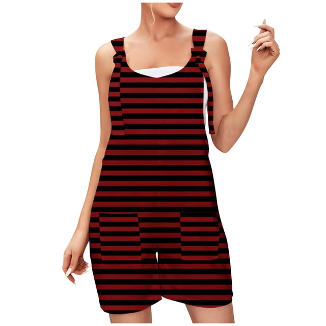 Yuyuzo Women Plus Size Linen Rompers Summer Casual Sleeveless Suspender Jumpsuits Striped Short Overalls with Pockets