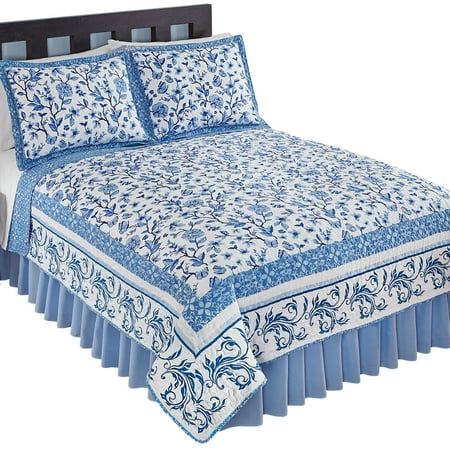 Border Bedding - Reversible Delicate Floral Butterfly White & Navy Bedding Quilt with Scroll Border
