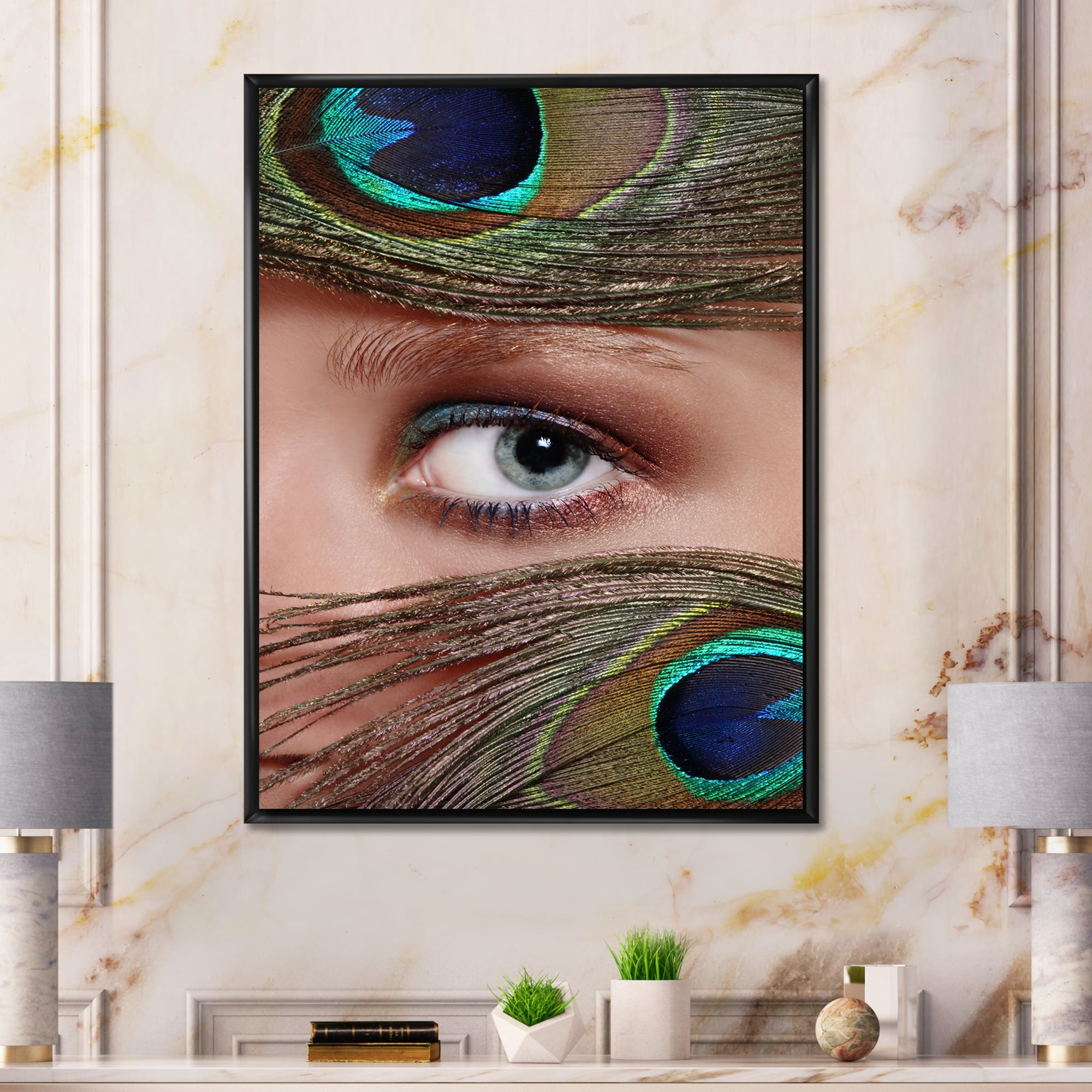 Peacock Feathers and Eye 12 in x 20 in Framed Photography Canvas Art Print, by Designart