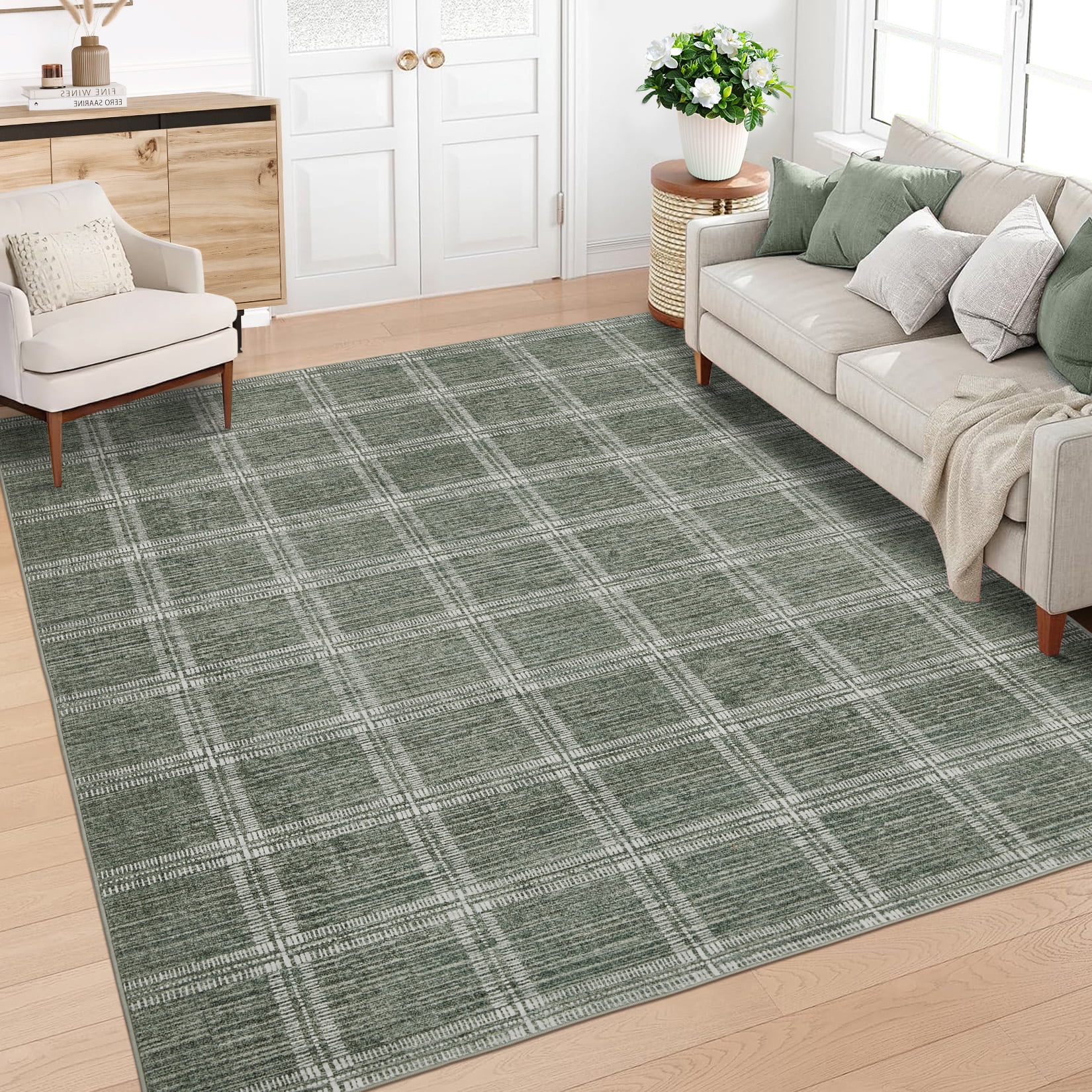 Nasitip Modern Geometric Plaid Pattern Green 9'x12' Area Rugs for Living Room Soft Low Pile Non-Sliping, Machine Washable