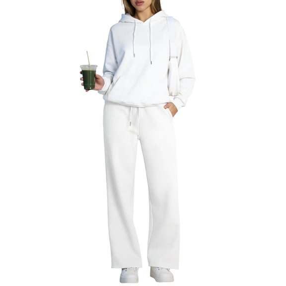 Bexdxz Winter Lounge Sets for Women Sweatsuits Comfy Long Sleeve Oversized Hoodie and Loose Wide Leg Sweatpants Casual Two Piece Set White L
