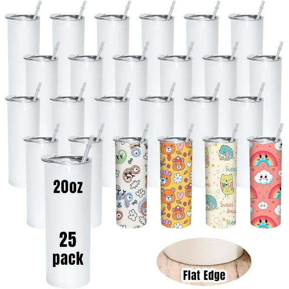 25Pack 20oz Sublimation Tumblers with Flat Edge, Sublimation Tumbler Blanks Bulk with Lid and Plastic Straw, Straight Stainless Steel Double Wall Insulated Sublimation Cups