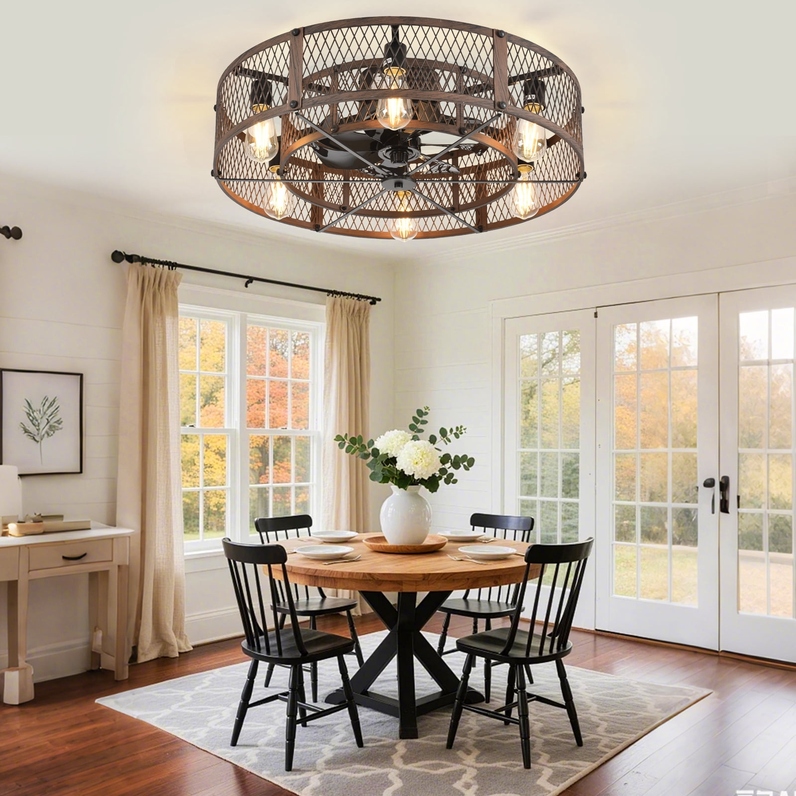 26-Inch Farmhouse Caged Ceiling Fan with Light, Reversible Ceiling Fan with Remote Control Quiet DC Motor 6 Speed Timer E26 Bulbs Not Included Brown