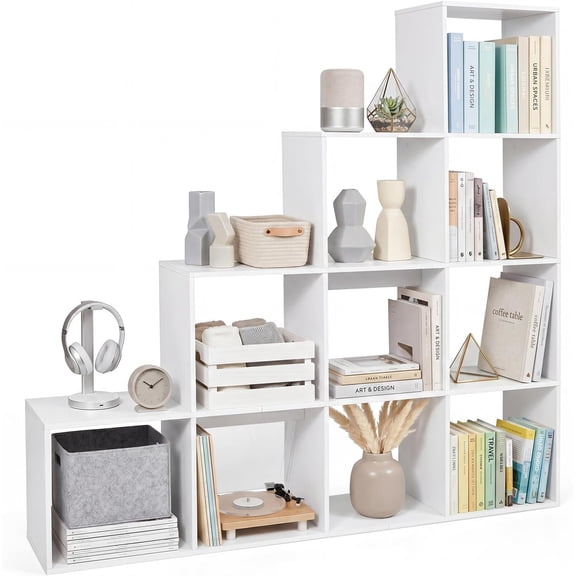 WoofPaw 51" Wooden 10-Cube Stepped Bookcase for Living Room,4-Tier Bookshelf, Display Shelf with 2 Anti-Tipping Kits, Decorative Storage Shelving Unit for Home Office,White
