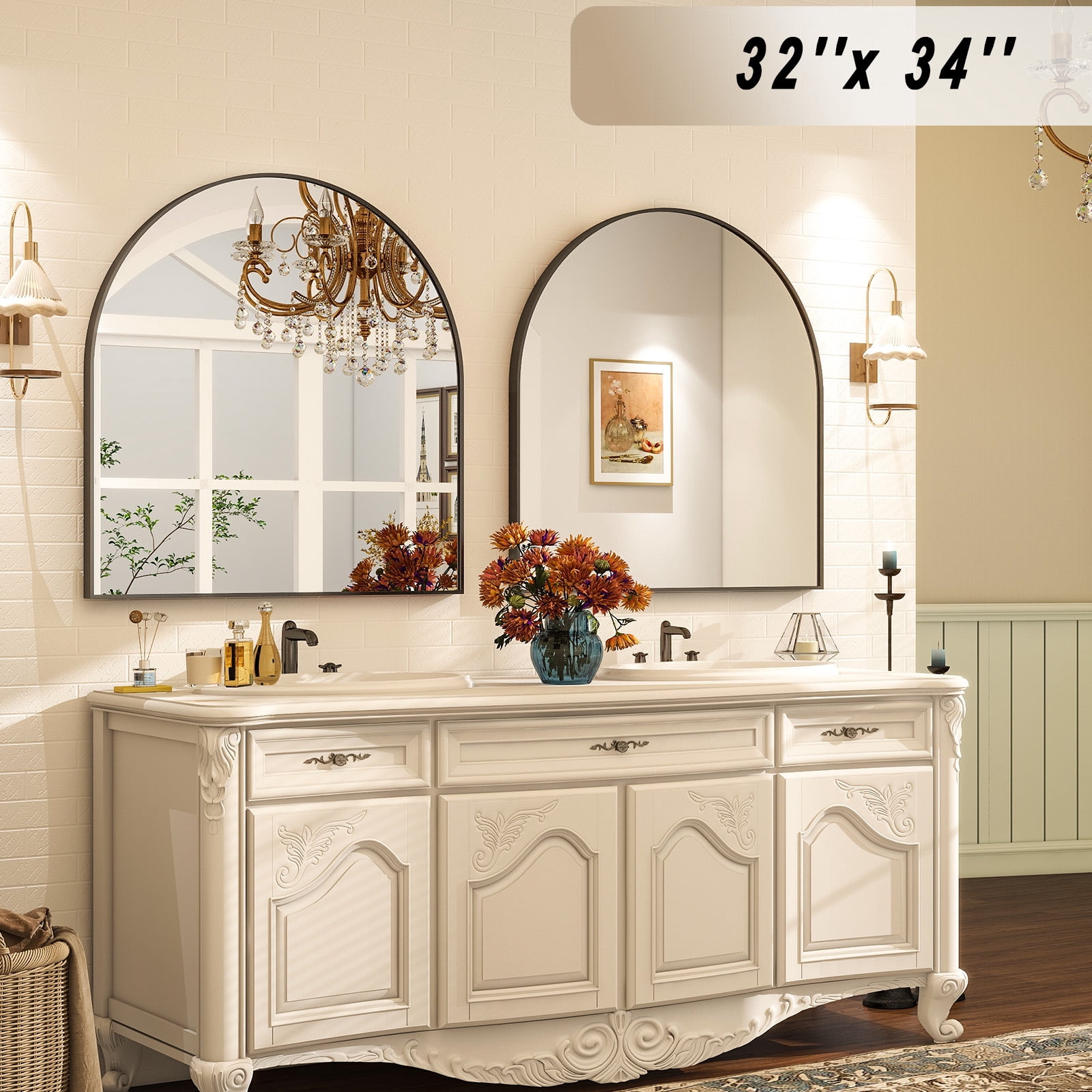 SHATTERVIEW 32"x34" Bathroom Wall Mounted Mirror Arched Hanging Vanity Mirror, Black