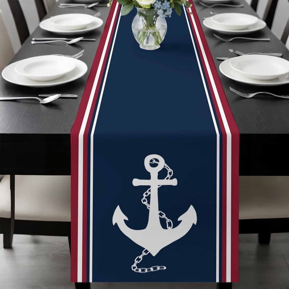 Navy Blue Red Stripe Table Runner 70 Inches Long, Coastal Nautical Anchor Farmhouse Kitchen Coffee Dining Table Decoration for Home Party Birthday Wedding Home Decor 13x70 Inches