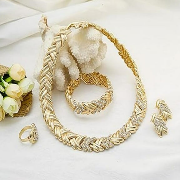 WeiDongzhuo Alloy Jewelry Set, Crystal Necklace Earrings Set, Wheat Pattern African Style for Women Gifts ( Gold )