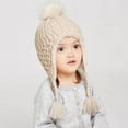 thumbnail image 3 of Boys Girls Kids' Fleece-Lined Beanie Winter Warm Earflap Hat with Pom-Pom and Drawstring, Color Block Thicken Knit Cap, 3 of 5