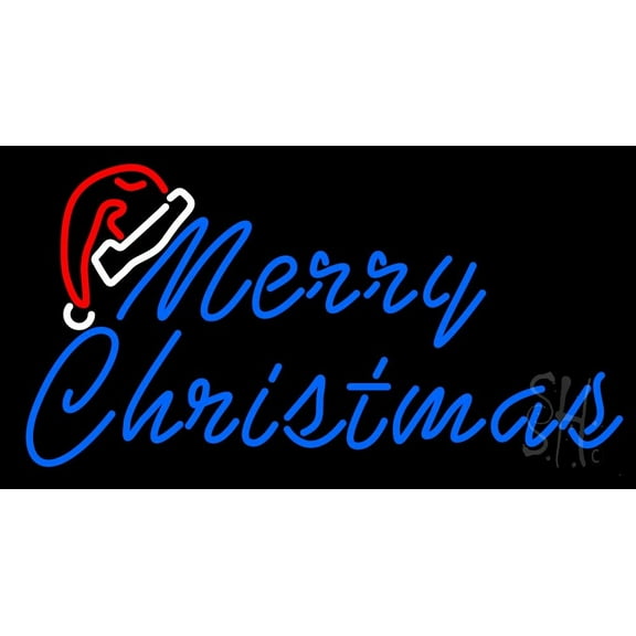 Merry Christams With Hat LED Neon Sign 20 x 37 - inches, Clear Edge Cut Acrylic Backing, with Dimmer - Bright and Premium built indoor LED Neon Sign for special occasion decor.