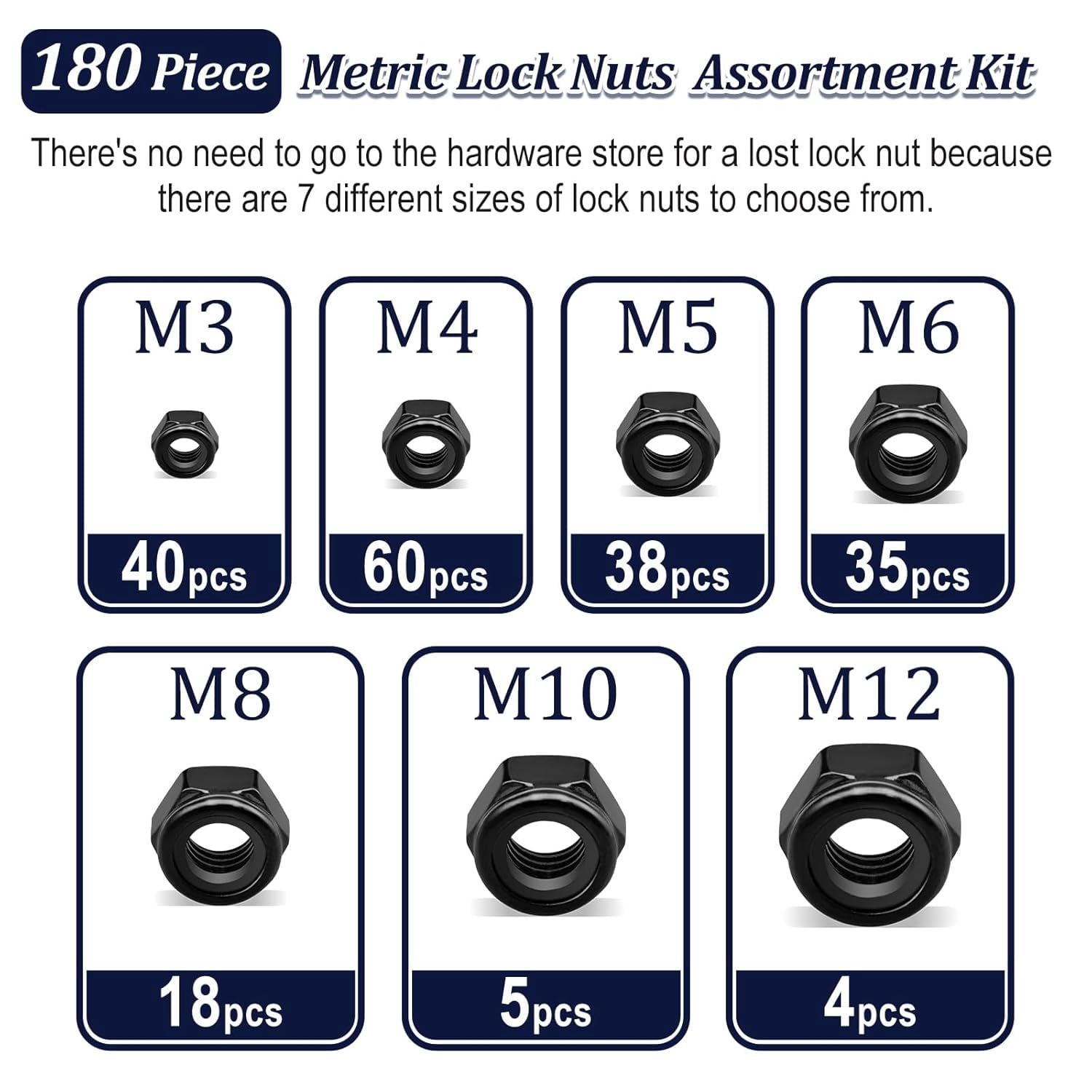 180 Pack Black Locknuts Assortment Kit, M3 M4 M5 M6 M8 M10 M12 Metric Black Nylon Insert Lock Nuts Set, 304 Stainless Steel Standard Threaded Nylock Nuts