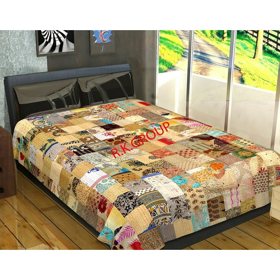 Indian Silk Twin Beige Patola Sari Patchwork Kantha Bedspread Bed Cover BohemianThrows Quilted Reversible Blanket