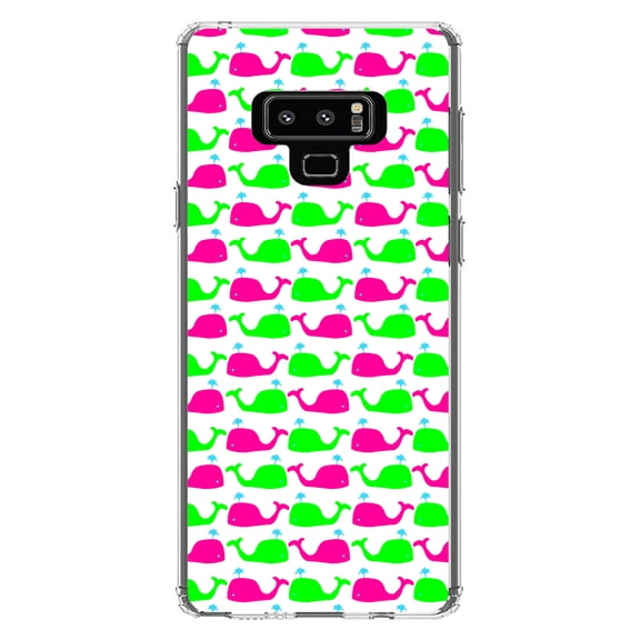 DistinctInk Clear Shockproof Hybrid Case for Samsung Galaxy Note 9 - TPU Bumper, Acrylic Back, Tempered Glass Screen Protector - Green Pink Cartoon Whales - Cartoon Whales