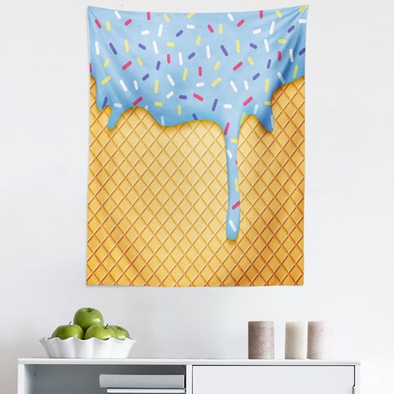 Ice Cream Tapestry, Waffle Background with Sky Blue Flavor Yummy Summer Seasonal Design, Fabric Wall Hanging Decor for Bedroom Living Room Dorm, 5 Sizes, Apricot, by Ambesonne