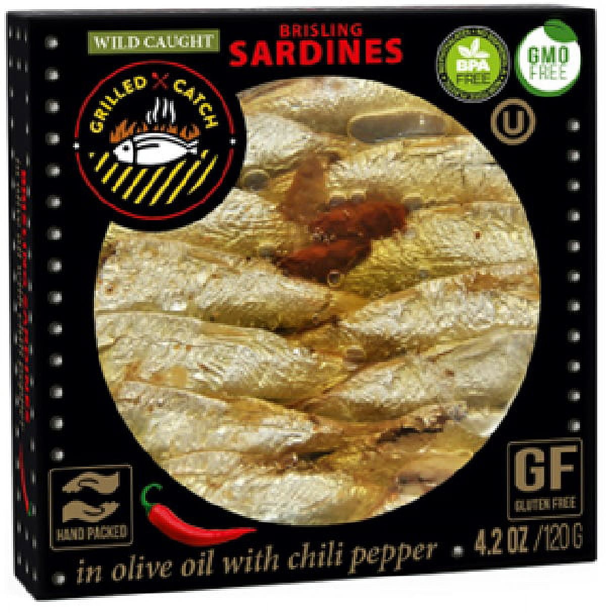 Grilled Catch Wild Caught Brisling Sardines in olive oil 5 Flavor Variety Pack, 4.2 Ounce each