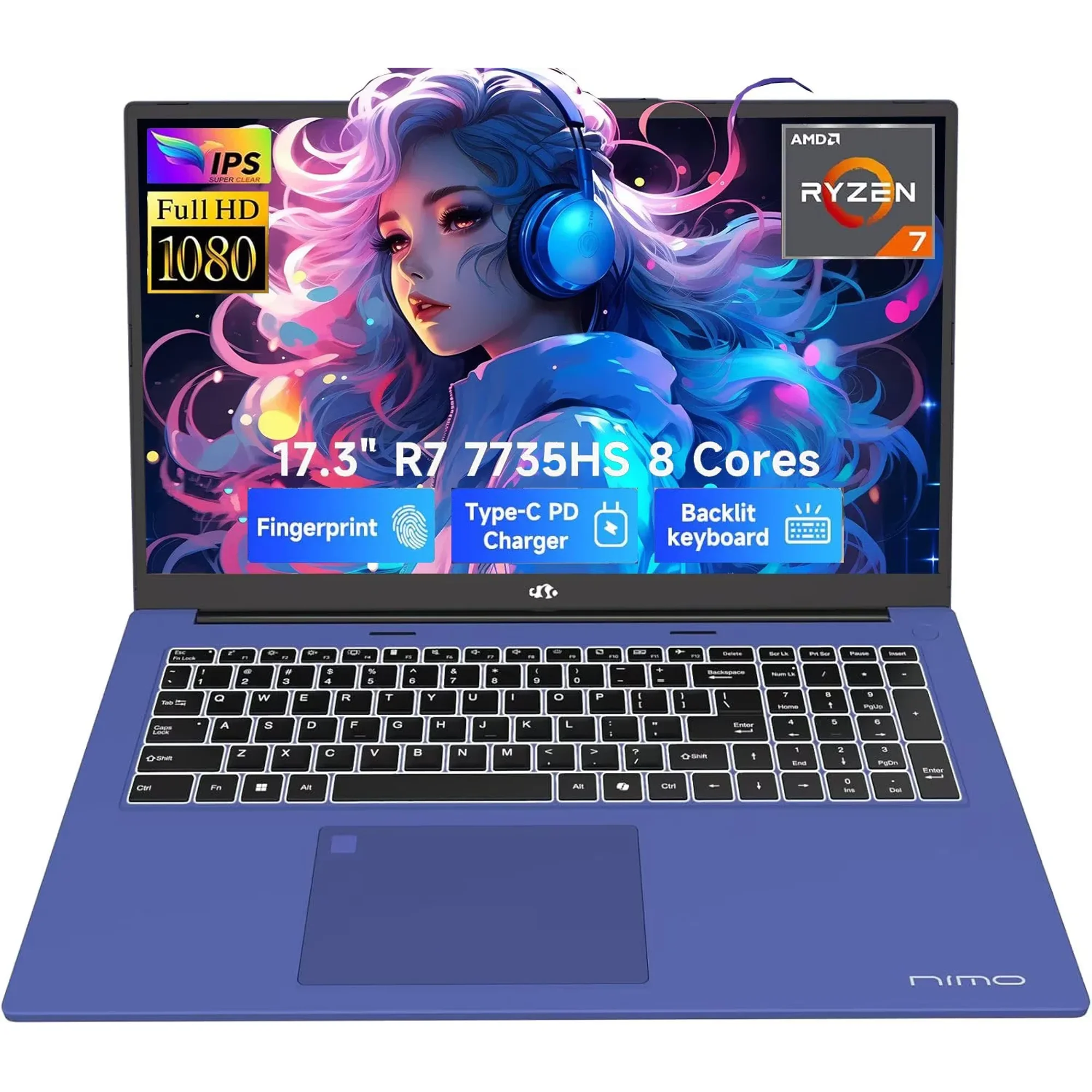 17.3" Gaming-Laptop, AMD Ryzen 7 7735HS (8C/16T, Beats i7-12650H) 16GB DDR5 RAM 1TB SSD Computer with Radeon 680M, 100W Type-C, WiFi-6E, 75Wh Battery, Fingerprint, Backlit Keyboard for Business