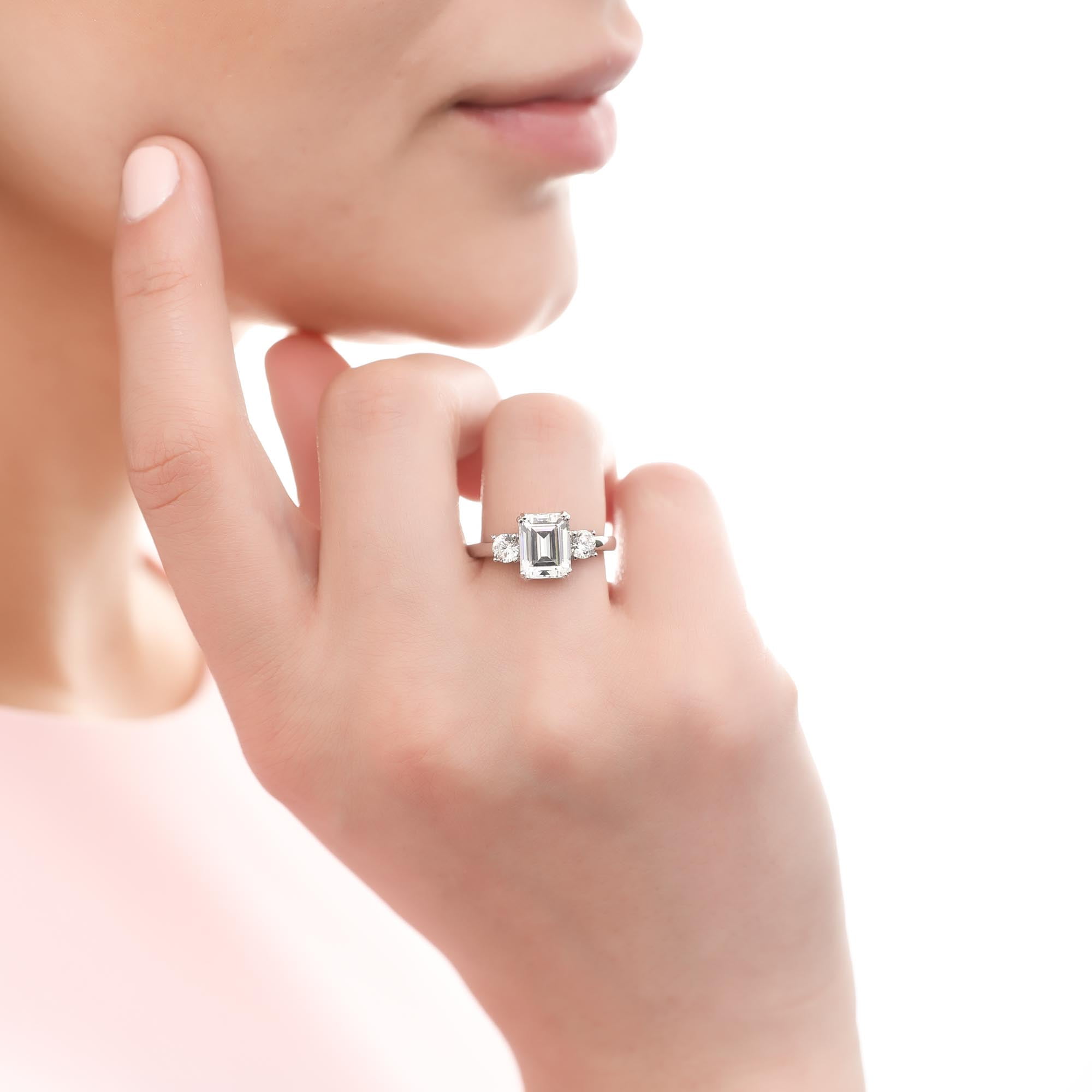 BERRICLE Sterling Silver 3-Stone Wedding Engagement Rings 2.6 Carat Emerald Cut Cubic Zirconia CZ Promise Ring for Women, Rhodium Plated Size 8.5
