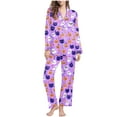 thumbnail image 3 of Feancey Halloween Pjs Set Women Long Sleeve Button Down Sleepwear Vintage Spider Web Print Pajamas Lounge Pants Two Piece Outfits Sets Purple M, 3 of 7