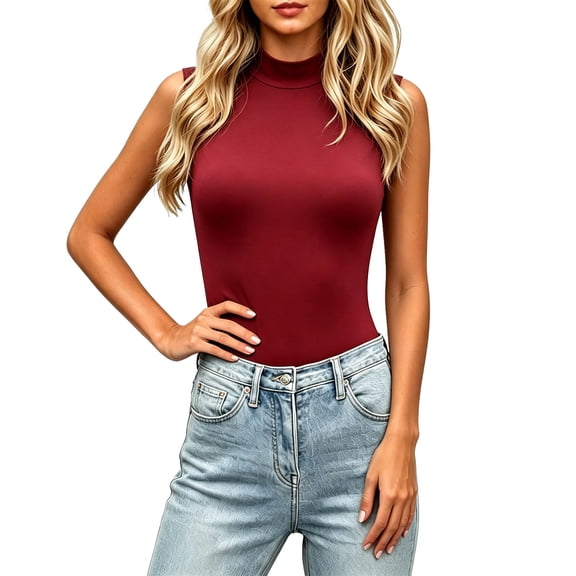 Wang6 Women's Turtleneck Tank Tops Causal Sleeveless Slim Fit Tshirts Summer Solid Going out Tees 0617liRed XS