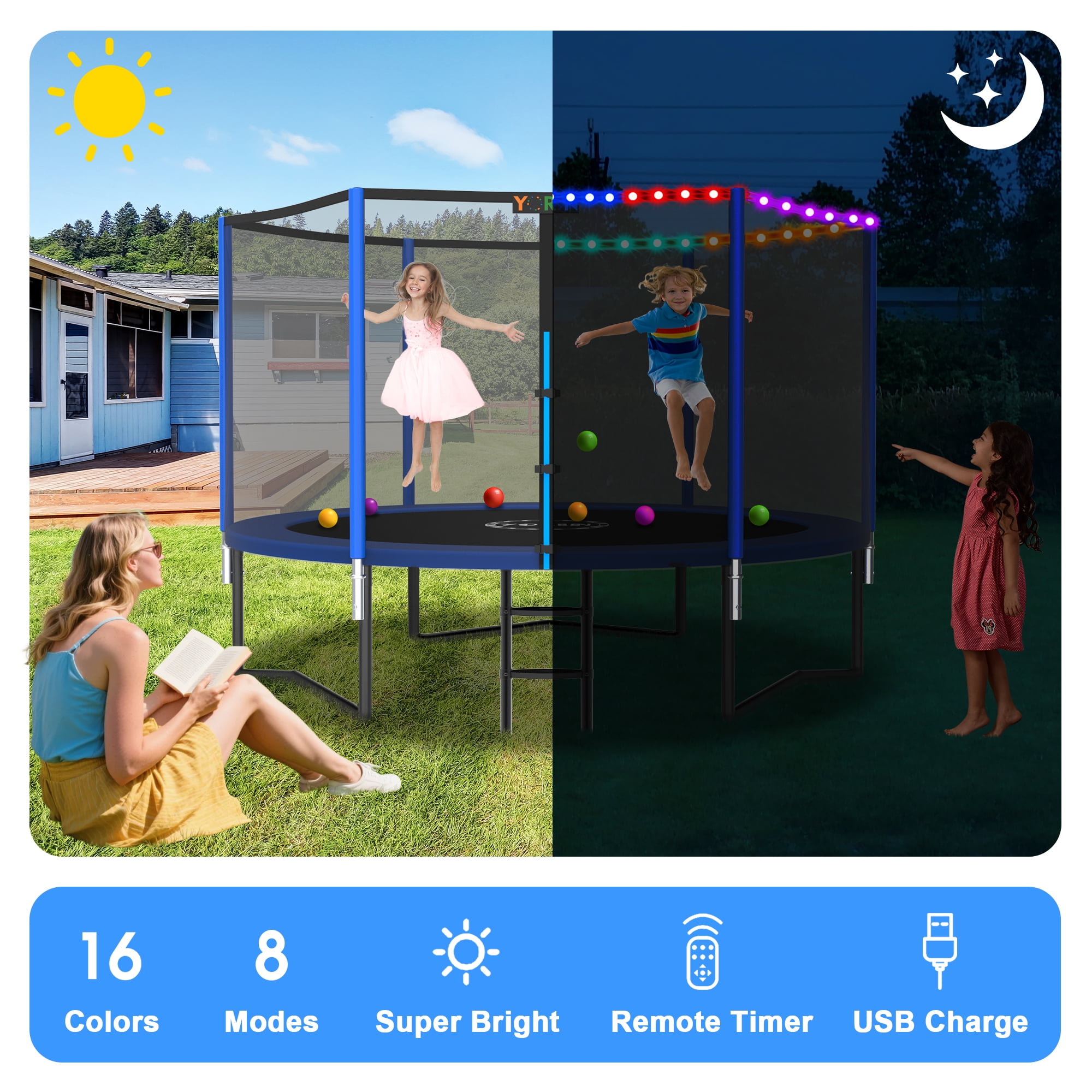 YORIN 8FT 10FT 12FT 14FT Trampoline with Enclusore Net, Sprinkler & LED Lights, 800LBS Capacity Outdoor Trampoline for 2–3 Kids, Safety Enclosure Net, Ladder, Heavy-Duty Backyard Round Trampoline