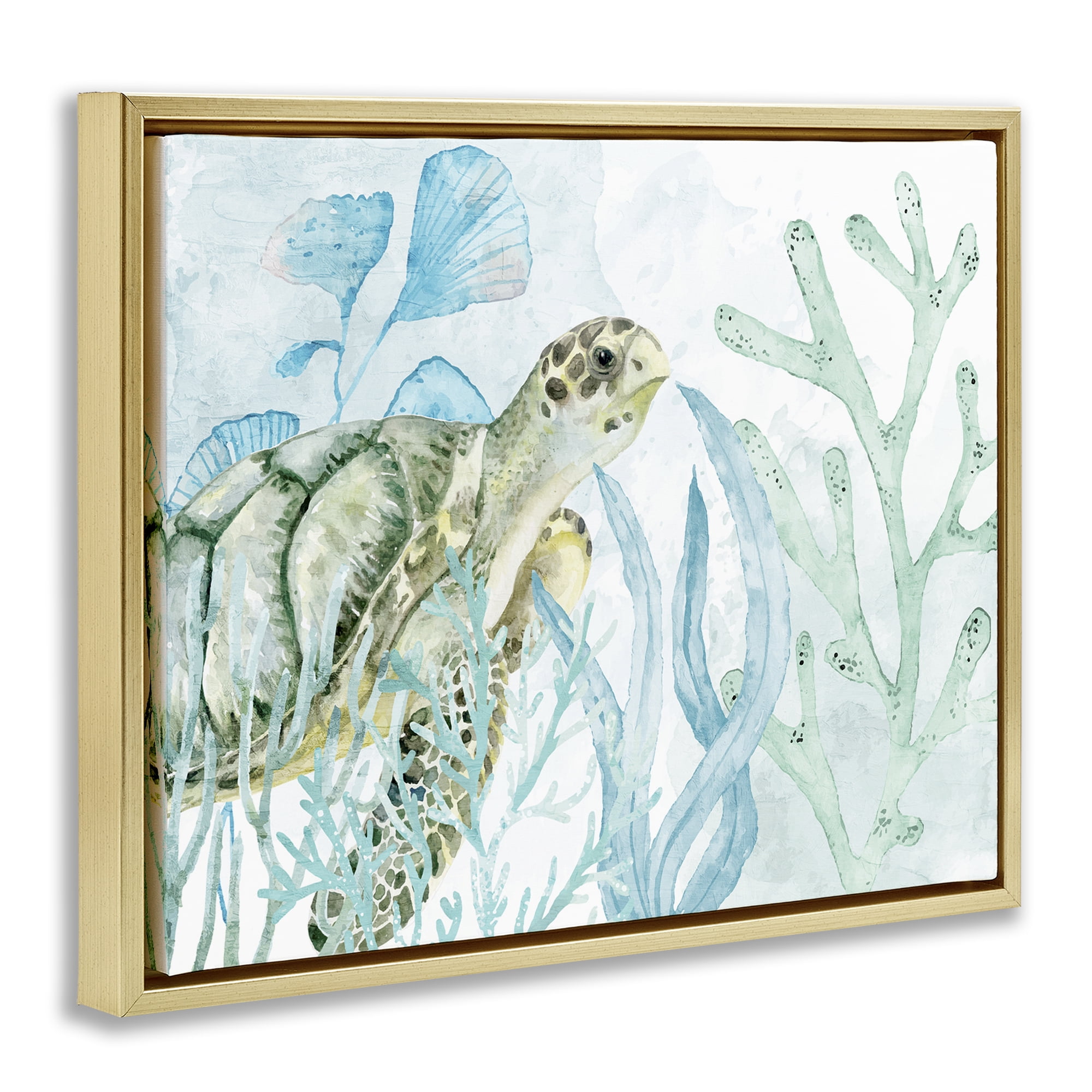 Stupell Industries Turtle in Watercolor Coral Animals Painting Gold Floater Framed Canvas Art Print Wall Art, 31 x 25