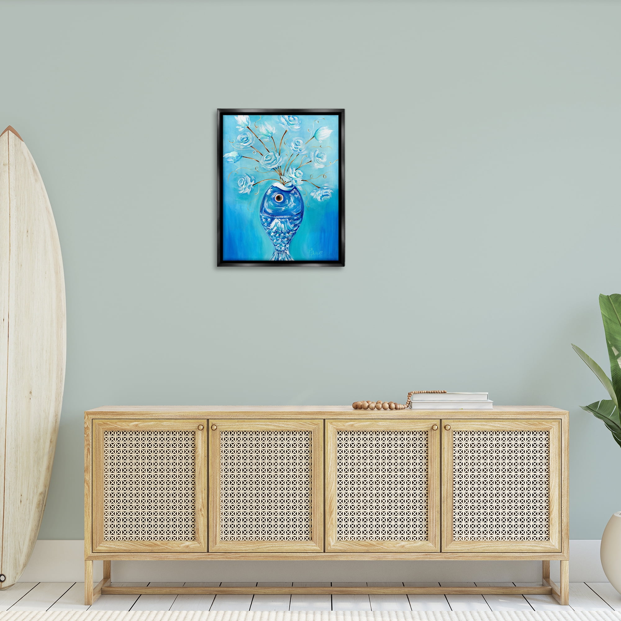 Stupell Industries Fish Vase Bouquet Botanical & Floral Painting Black Floater Framed Art Print Wall Art, 25 x 31