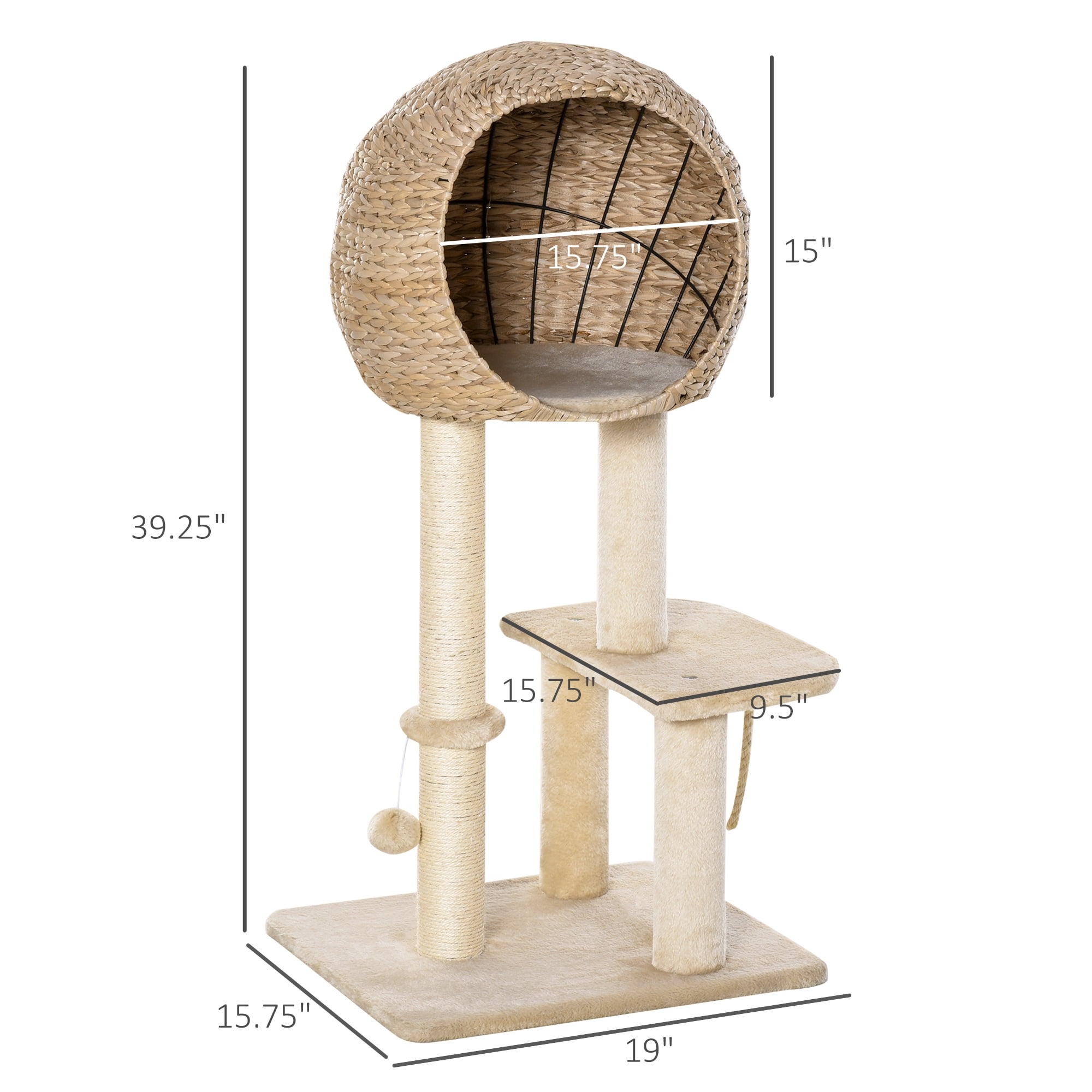 PawHut Cat Tree with Sisal Scratching Post Condo and Hanging Rope 44.5" H, Beige