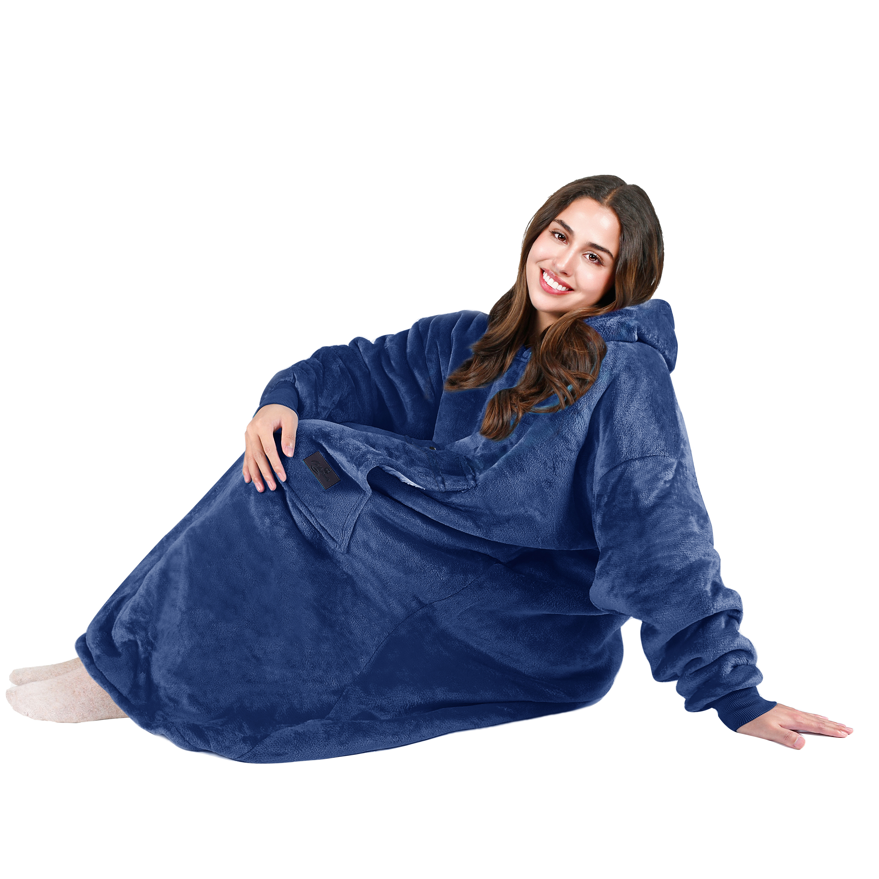 Tirrinia Extra long Oversized Hoodie Blanket Sweatshirt Comfortable Sherpa Giant Wearable Blankets Christmas Gifts for Adults Men Women Teenagers Wife Girlfriend Navy