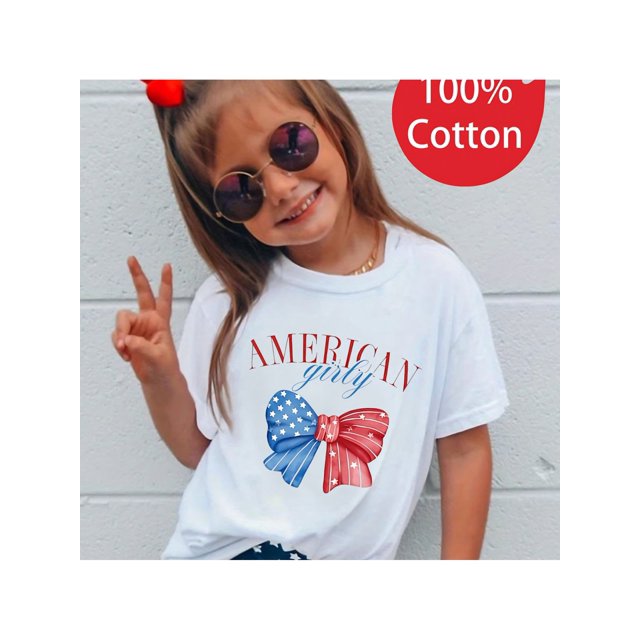 Independence 1pc New Summer Girl American Girly Bow Design Print Short Sleeved 100% Cotton T-shirt Comfy Casual Tees For Girls