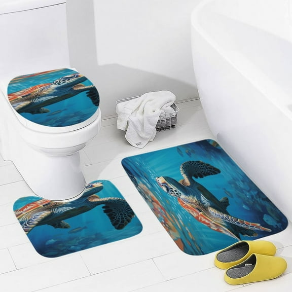 Nautical Green Sea Turtles 3 Pieces Bath Mats Set, Non-Slip Washable Cover Floor Rug Decorations for Kitchen Bathroom Bedroom