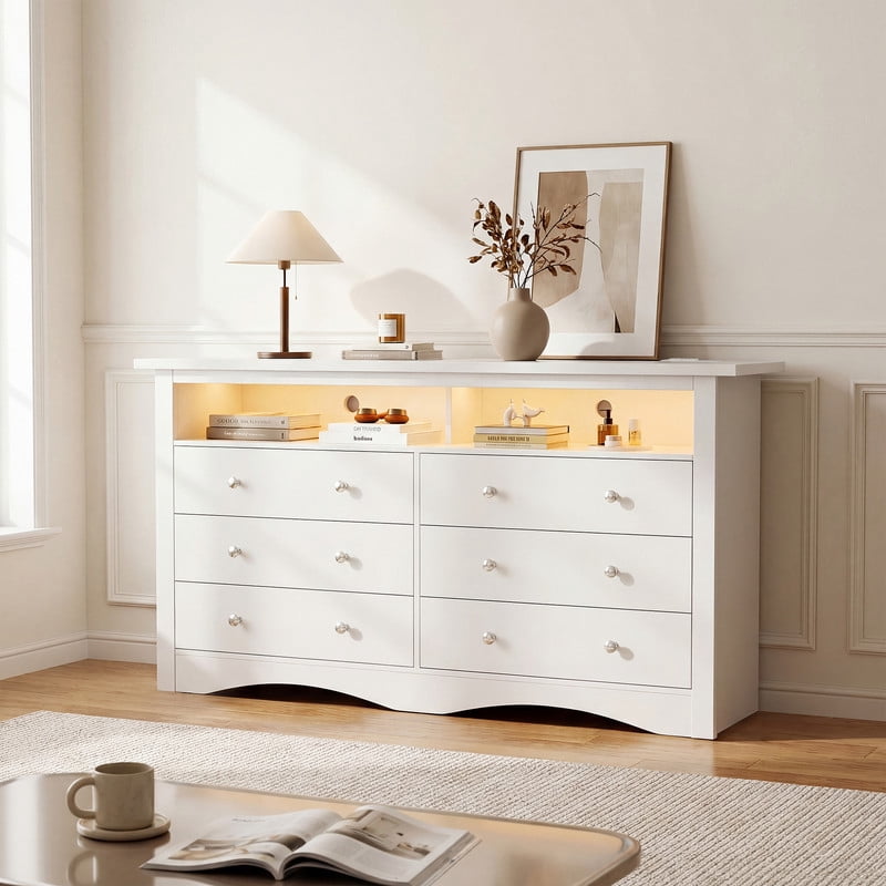 Lacoo 6 Drawer Dresser with Smart RGB LED Lights, Built-in Charging Station, Large Storage Chest of Drawers with Open Shelf
