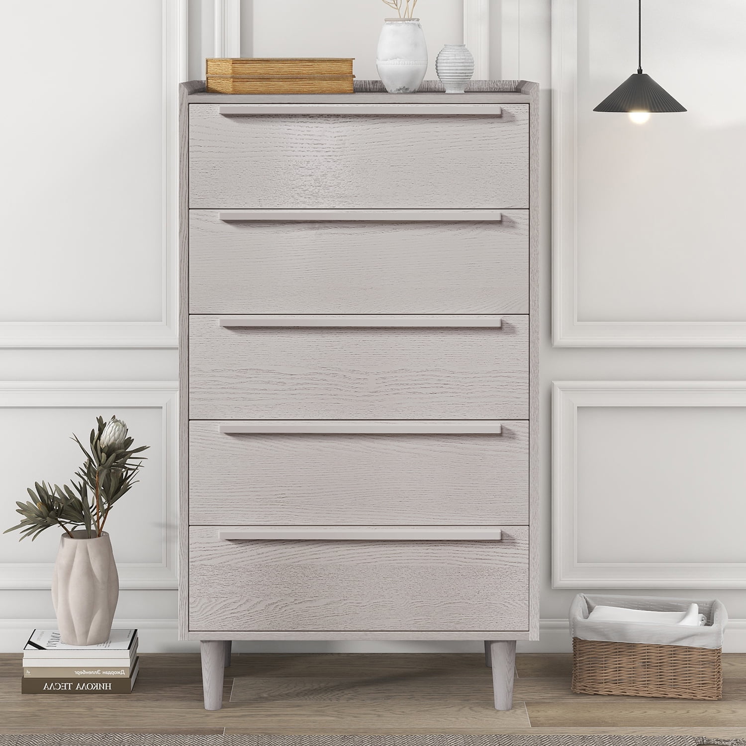 Kadyn MDF Side Table, Modern Style Nightstand with 5-Drawer and Wood Legs, Bedside End Table for Bedroom, Stone Gray