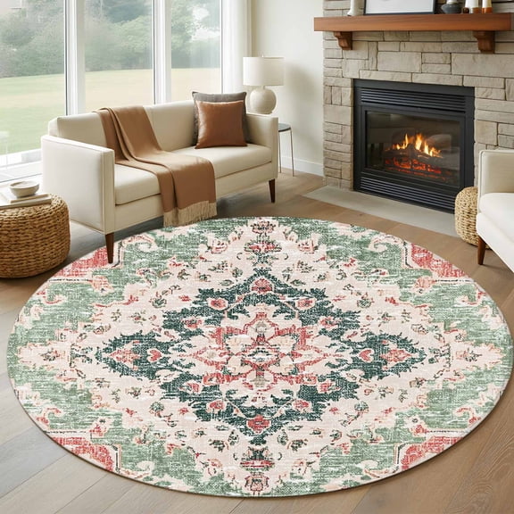 Round Rugs 5Ft, Green Pink Boho Floral Round Area Rug Washable Indoor Throw Carpet, Southwestern Ethnic Flowers Retro Soft Non Slip Circle Rug for Cabinet Bathroom Home Decor Aesthetic
