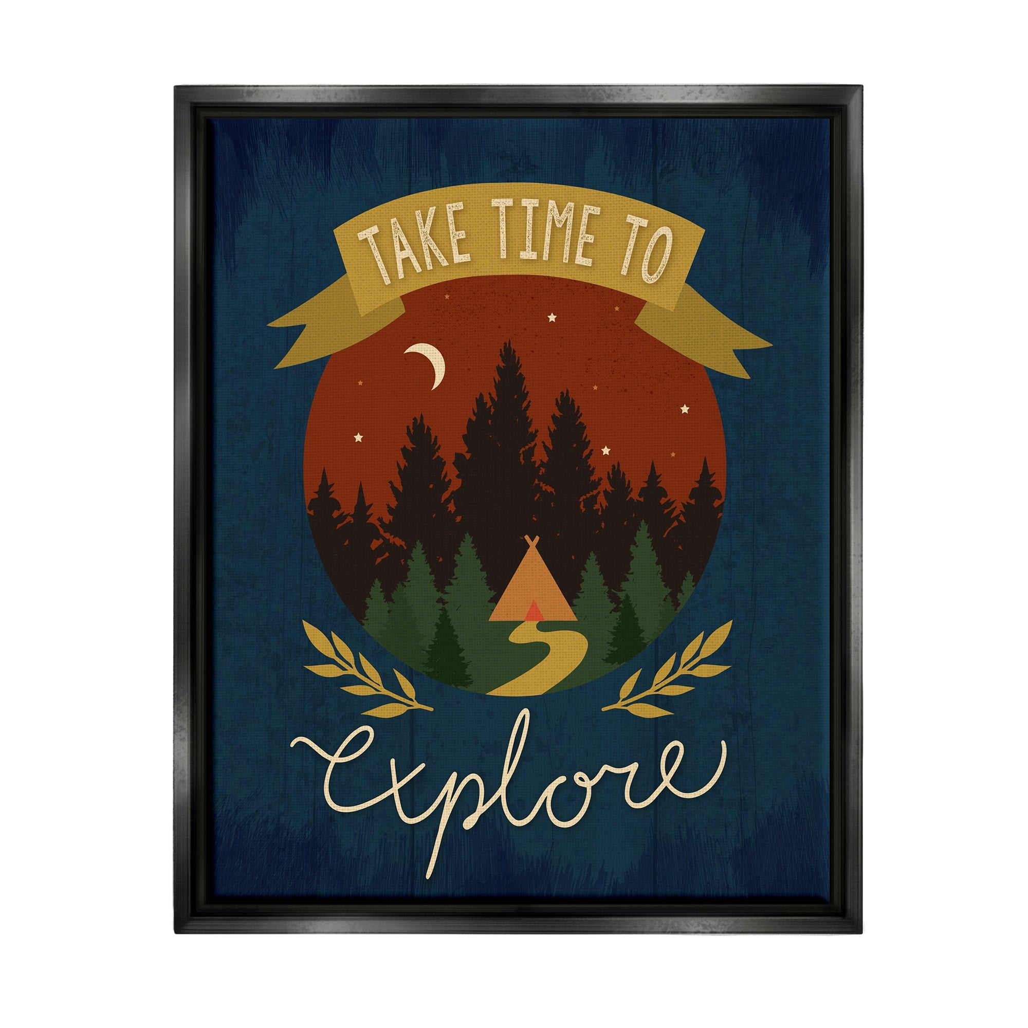 Stupell Industries Time To Explore Woodland Adventure Nighttime Scene Graphic Art Metallic Gold Floating Framed Canvas Print Wall Art, Design by Louise Allen
