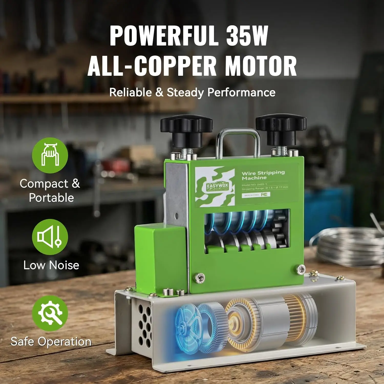 EasyWox Automatic Electric Wire Stripping Machine, 0.06"-0.67" Capacity, 6 Channels 5 Blades, 35W All-Copper Motor, Cable Stripper for Scrap Recycling