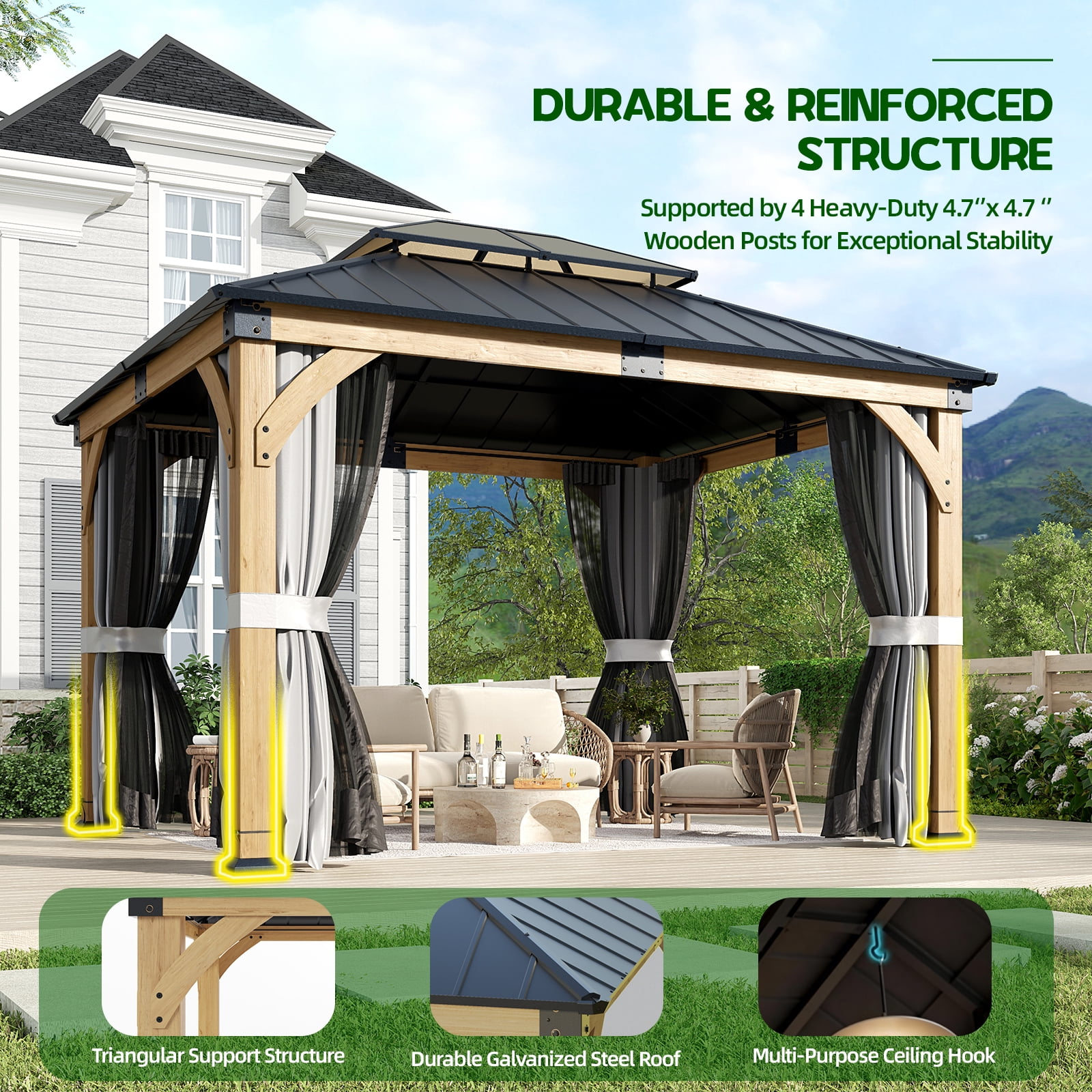 10x12 ft Cedar Wood Gazebo with Mosquito Netting & Hardtop Steel Roof