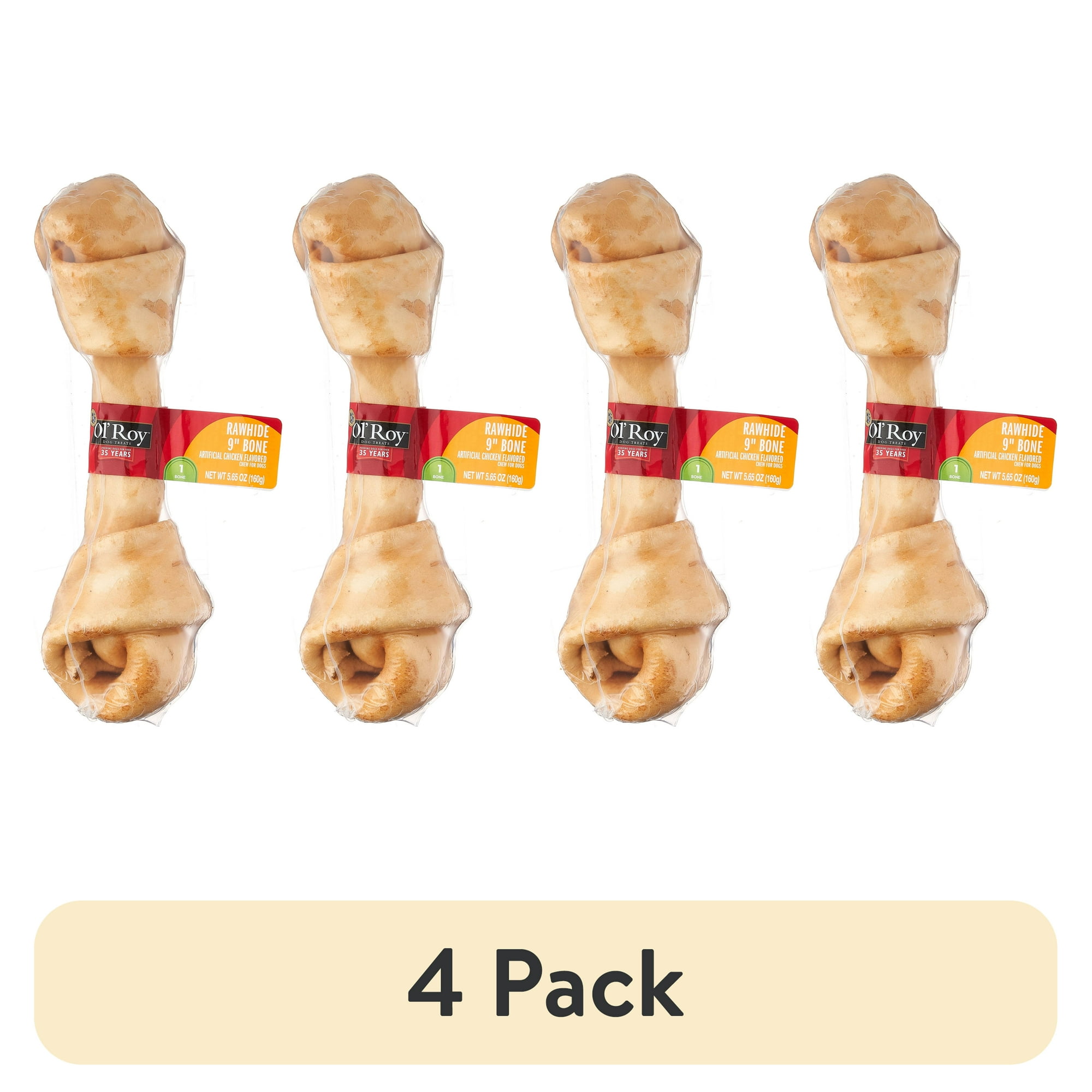 (4 pack) Ol' Roy Chicken Flavor 9" Rawhide Bone Chew for Dogs, Dry, 5.65 oz, 1 Count/Bag, Pet Treats