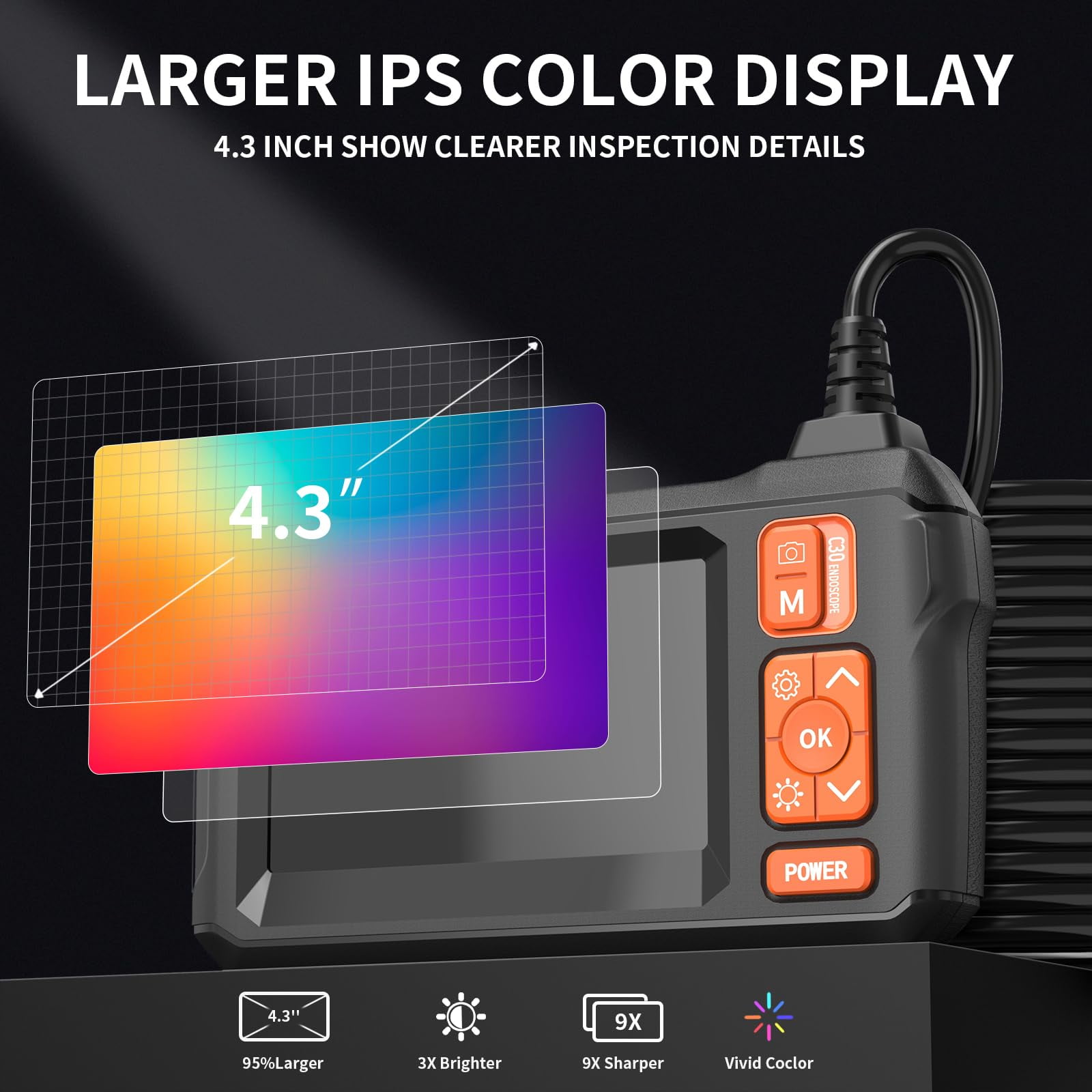 Daxiongmao IP67 Waterproof 16.5ft Endoscope Camera with Light, 1080P HD Dual Lens Borescope with 32G Storage Card, Borescope Camera with Light, Gadgets for Men(4.3")