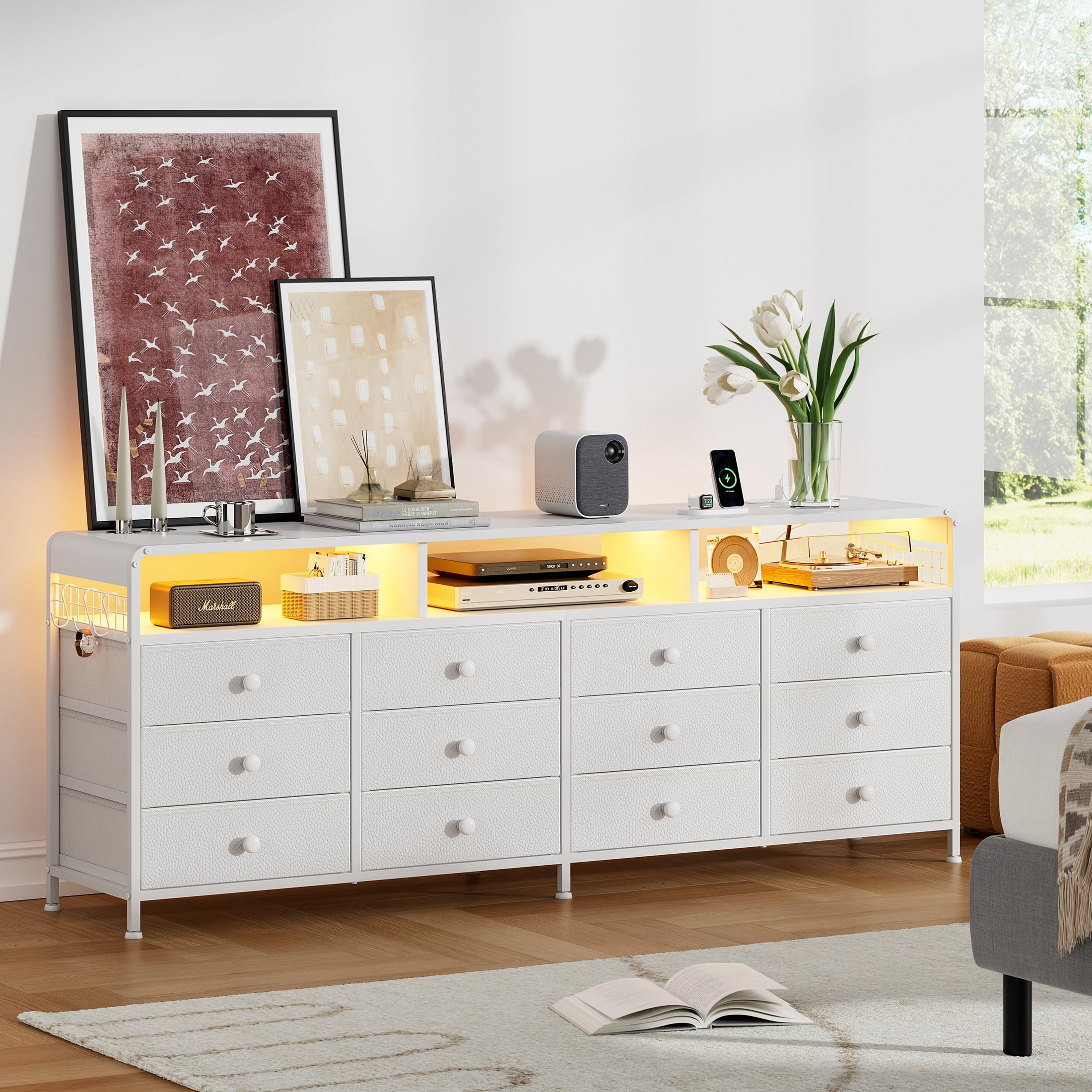 GUNAITO TV Stand for TVs up to 75", Big TV Stand with 12 Fabric Drawers and LED Lights, Entertainment Center with Storage and Shelves for Living Room, White